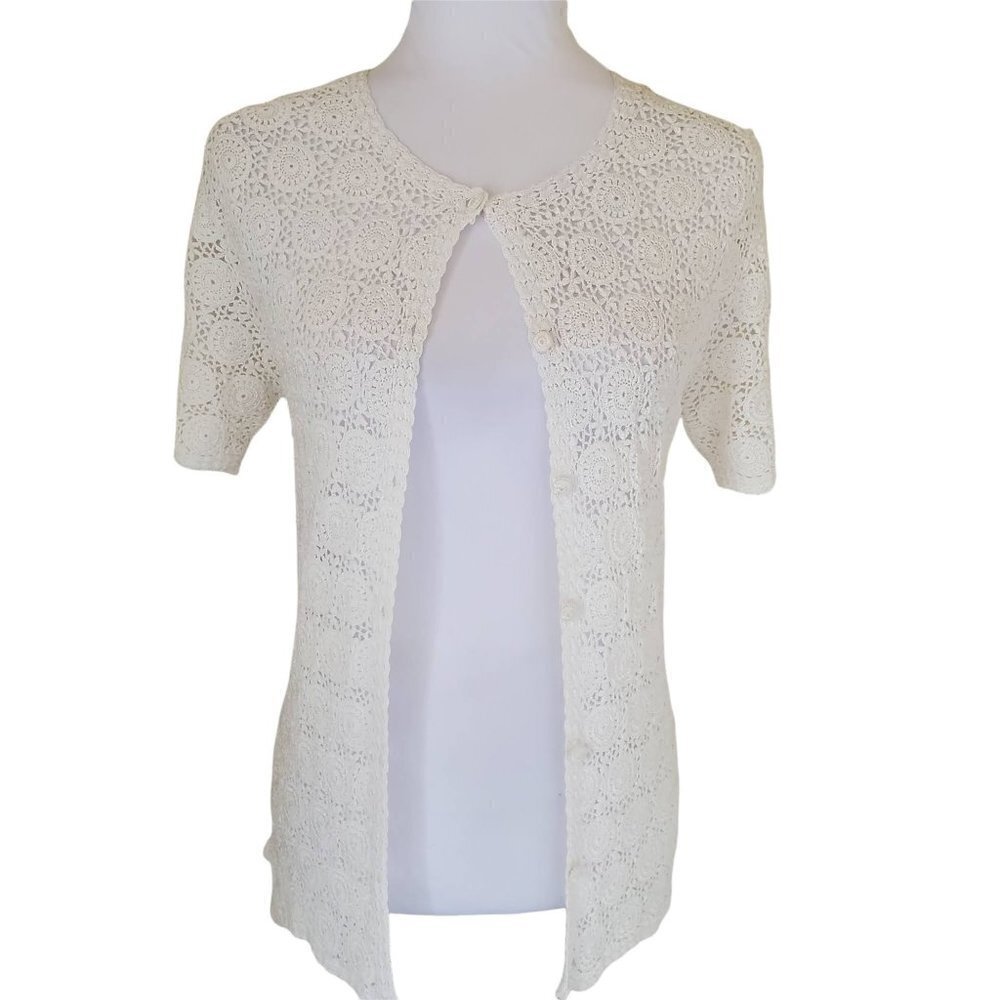SYC Hand Crocheted White Ivory Cardigan Sweater Short Sleeves